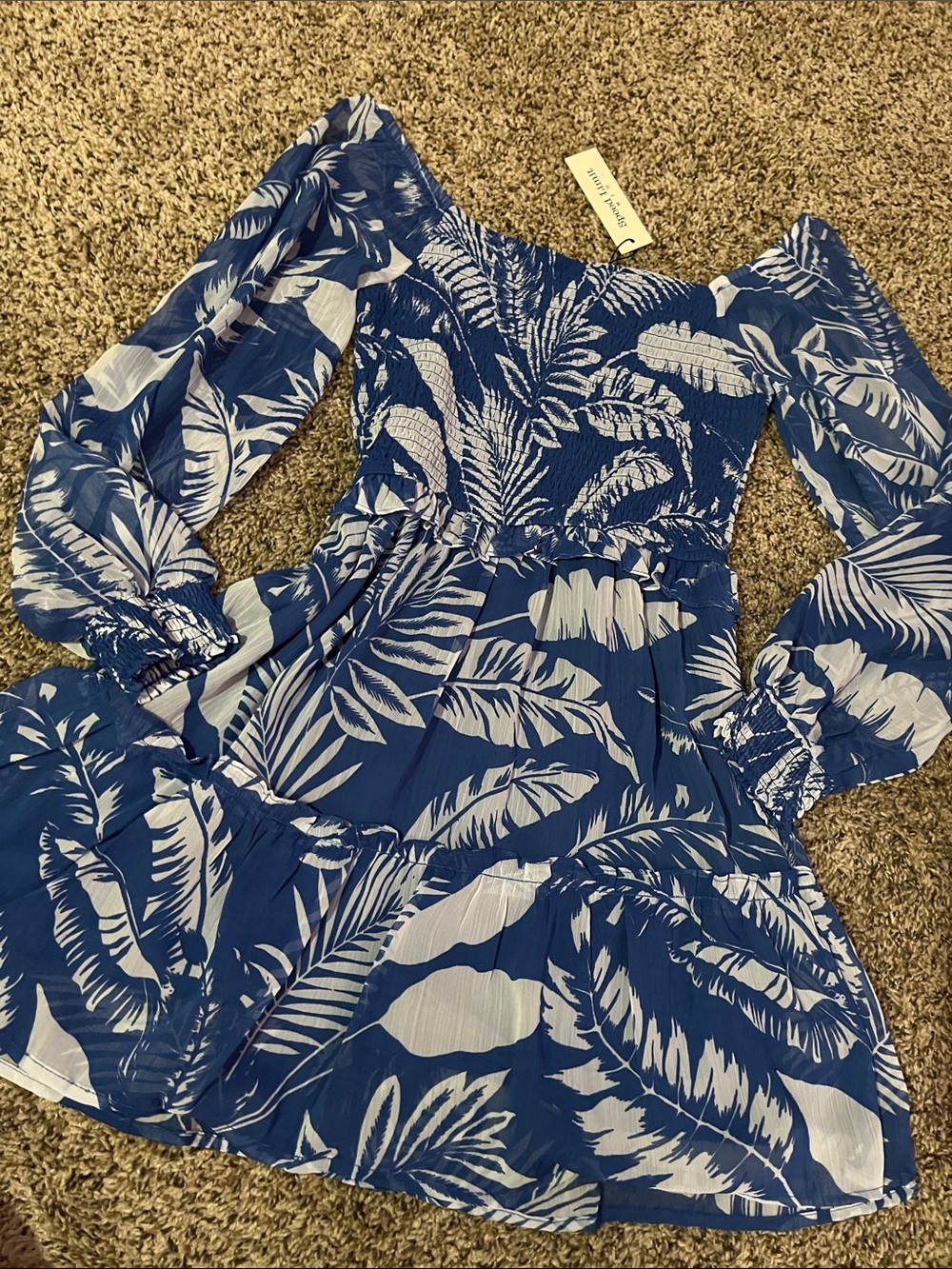 Blue Tropical Print Smocked Waist Dress